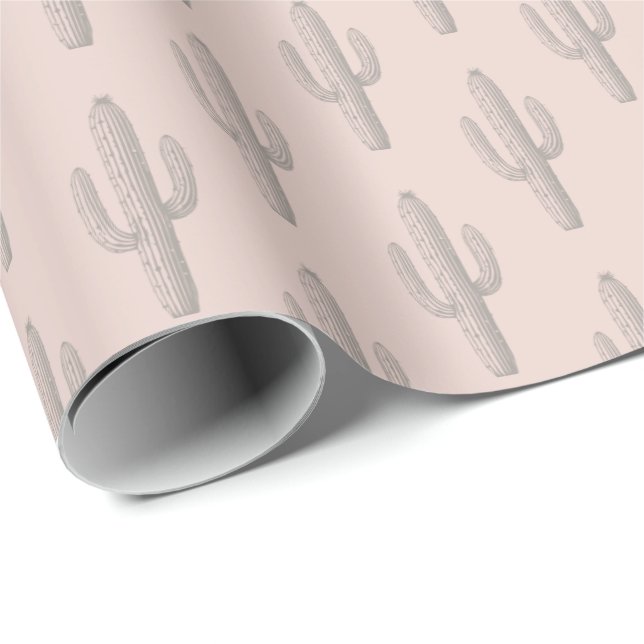 Gray Cactus Pattern Pink Wrapping Paper (Roll Corner)