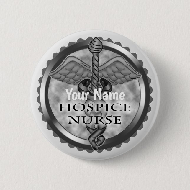 Gray caduceus Hospice Nurse Button (Front)