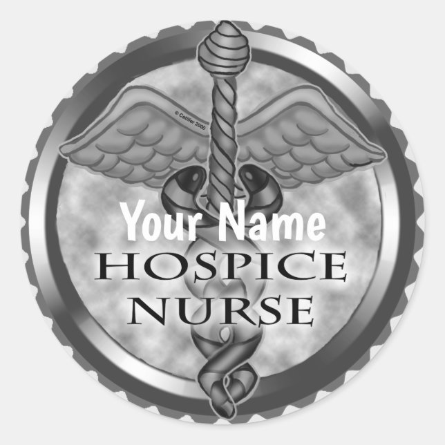 Gray caduceus Hospice Nurse Classic Round Sticker (Front)