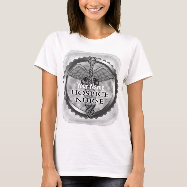 Gray caduceus Hospice Nurse T-Shirt (Front)