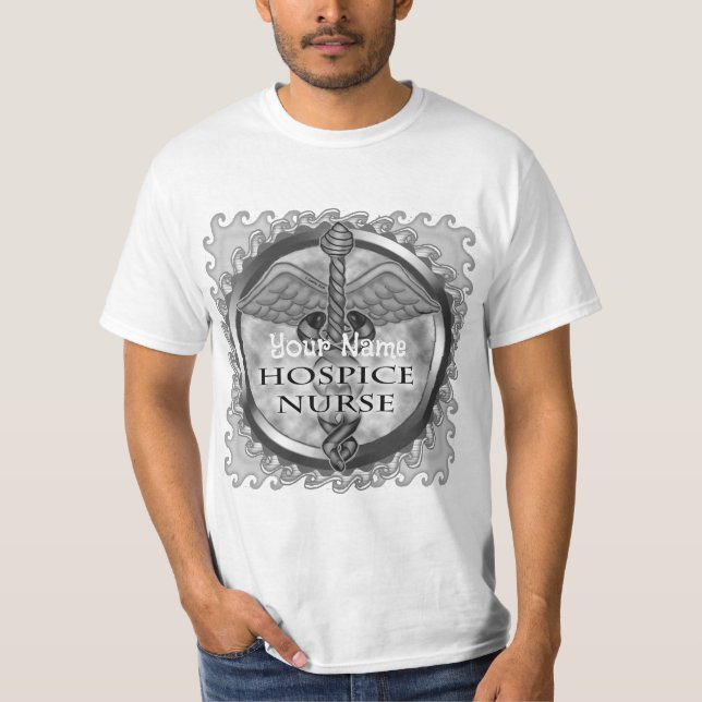 Gray caduceus Hospice Nurse T-Shirt (Front)