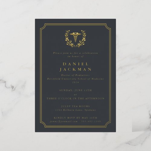 Gray CaduceusLaurel Medical School Graduation Foil Invitation