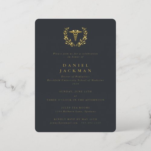 Gray Caduceus  Laurel Medical School Graduation Foil Invitation