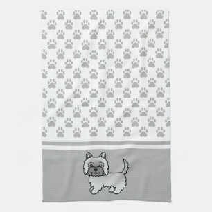 Gray Cairn Terrier Dog Drawing & Grey Paws Pattern Kitchen Towel