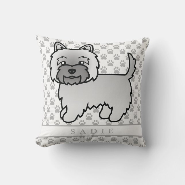Gray Cairn Terrier Dog Illustration & Name Throw Pillow (Front)