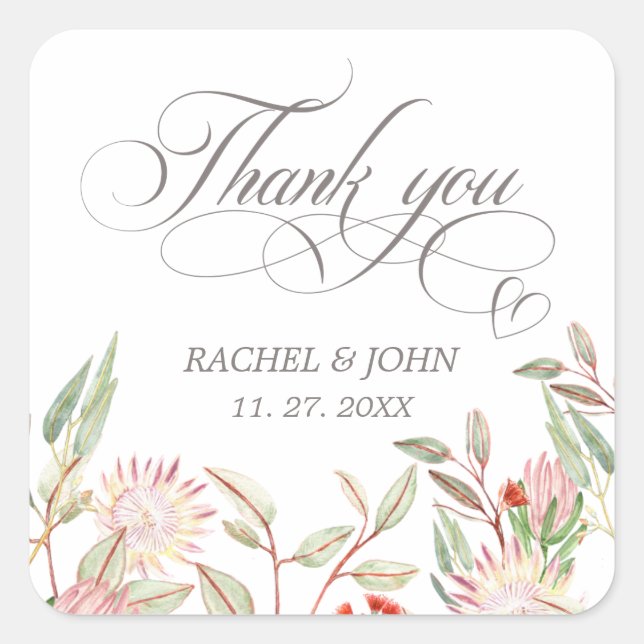 Gray Calligraphic Script Thank You Heart Wedding Square Sticker (Front)