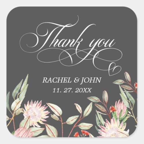 Gray Calligraphic Script Thank You Heart Wedding Square Sticker