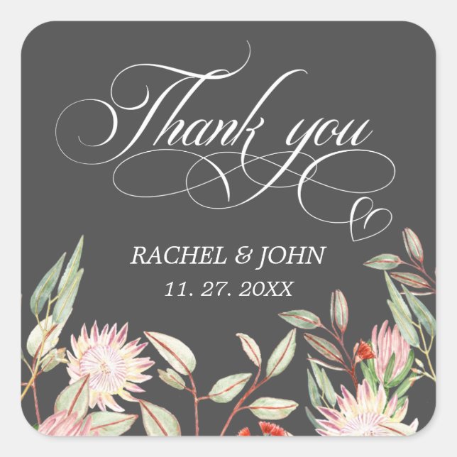 Gray Calligraphic Script Thank You Heart Wedding Square Sticker (Front)