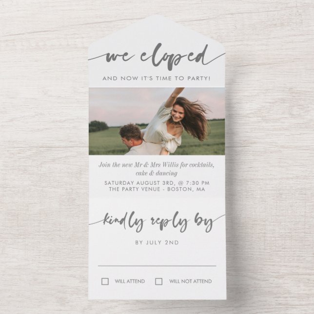 Gray Calligraphy Photo Elopement Party All In One Invitation (Inside)