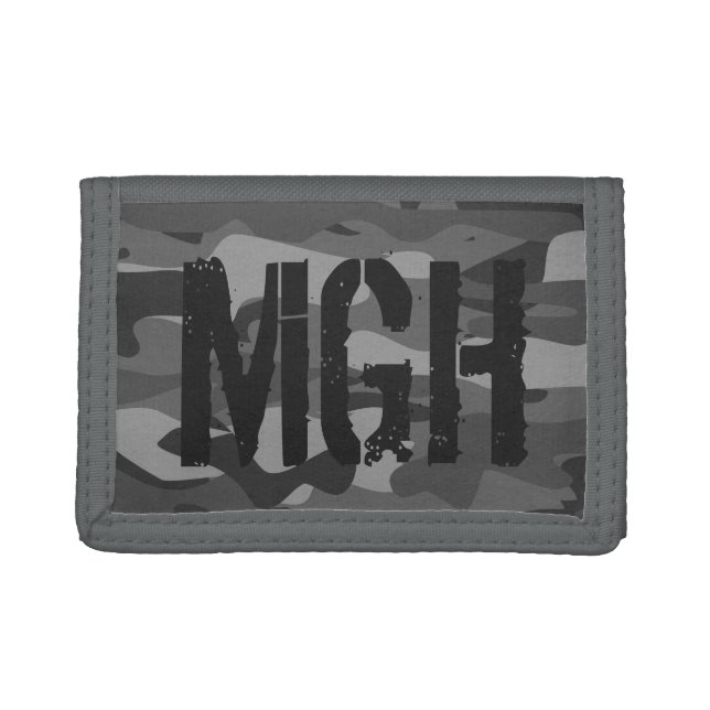 Gray camo army camouflage custom monogram trifold wallet (Front)