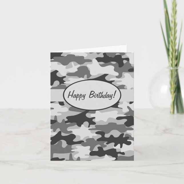 Gray Camo Camouflage Happy Birthday Custom Card (Front)
