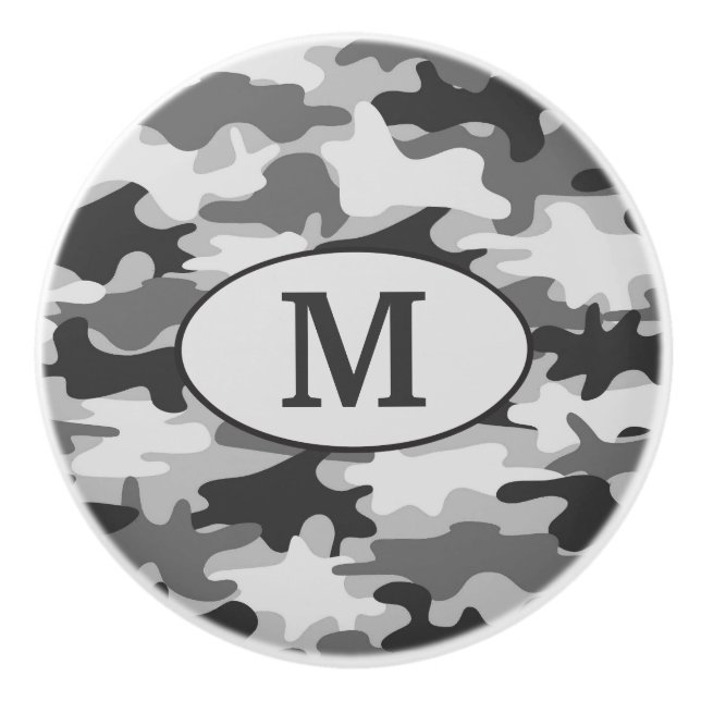Gray Camo Camouflage Monogram Initial Personalized Ceramic Knob (Front)