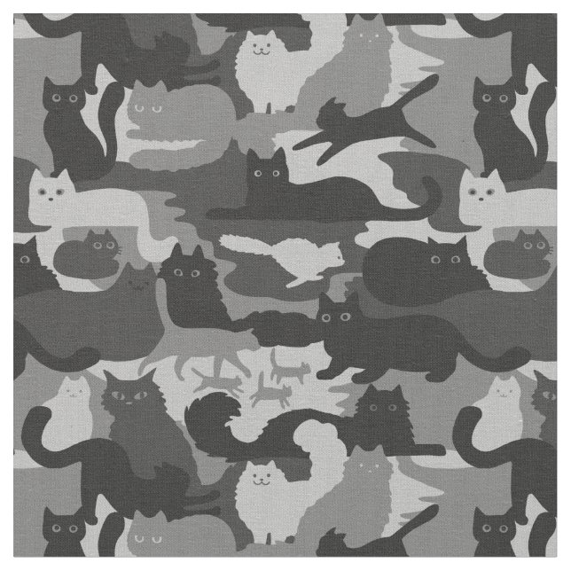 Gray Camouflage Cats Pattern Grey Kitty Cats Camo Fabric (Close Up)