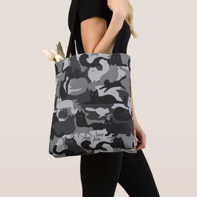 Gray Camouflage Cats Pattern Grey Kitty Cats Camo Tote Bag (Close Up)