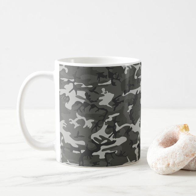 Gray Camouflage Pattern, Military Pattern, Army Coffee Mug (With Donut)