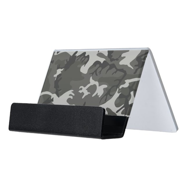Gray Camouflage Pattern, Military Pattern, Army Desk Business Card Holder (Angled Front)
