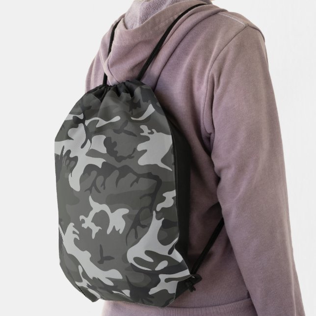 Gray Camouflage Pattern, Military Pattern, Army Drawstring Bag (Insitu)