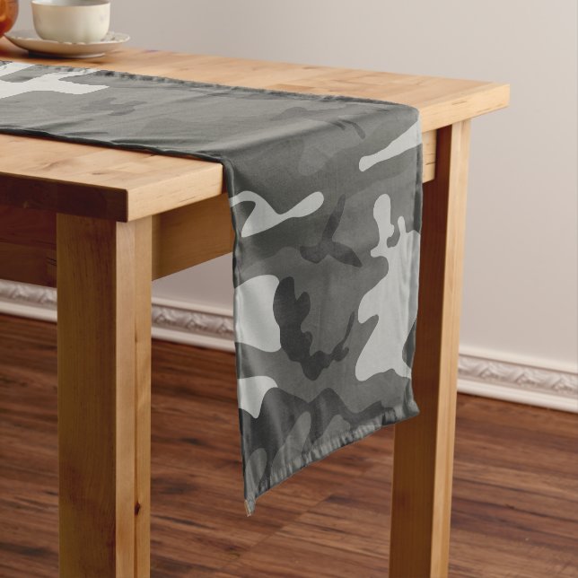 Gray Camouflage Pattern, Military Pattern, Army Short Table Runner (In Situ)