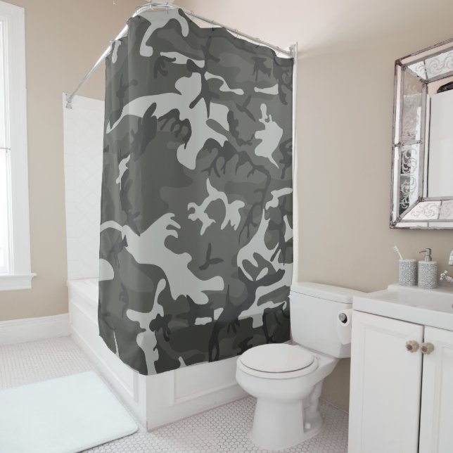Gray Camouflage Pattern, Military Pattern, Army Shower Curtain (In Situ)