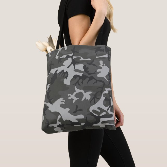 Gray Camouflage Pattern, Military Pattern, Army Tote Bag (Close Up)