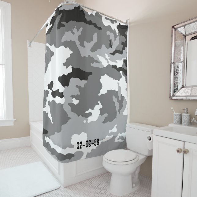 Gray camouflage pattern shower curtain (In Situ)