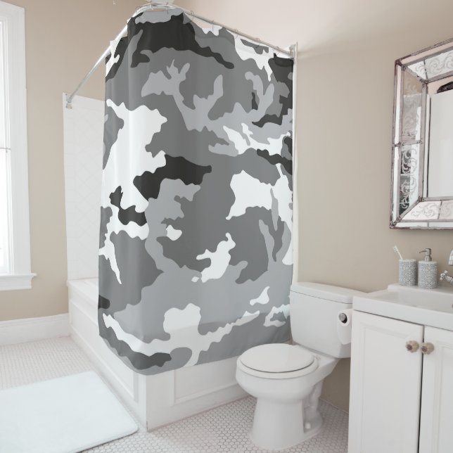 Gray camouflage pattern shower curtain (In Situ)