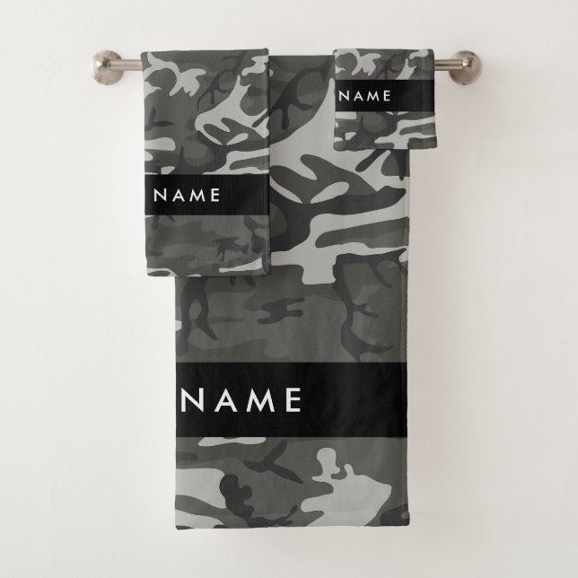 Gray Camouflage Pattern, Your name, Personalize Bath Towel Set (Insitu)