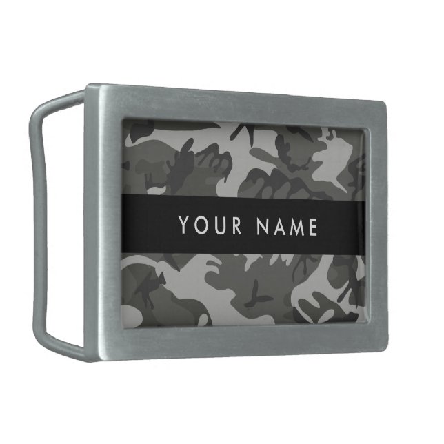 Gray Camouflage Pattern, Your name, Personalize Belt Buckle (Front Left)