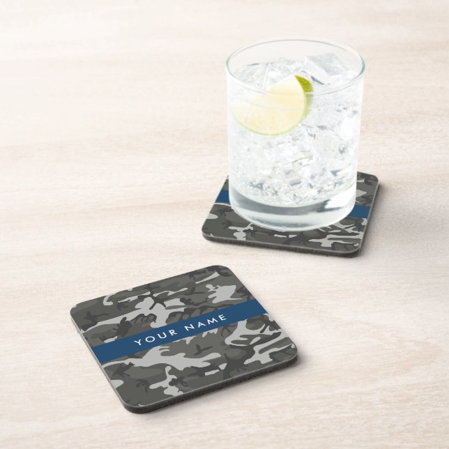 Gray Camouflage Pattern, Your name, Personalize Beverage Coaster (Right Side)