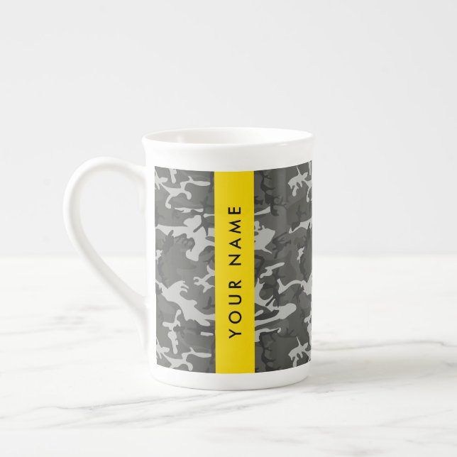 Gray Camouflage Pattern, Your name, Personalize Bone China Mug (Left)