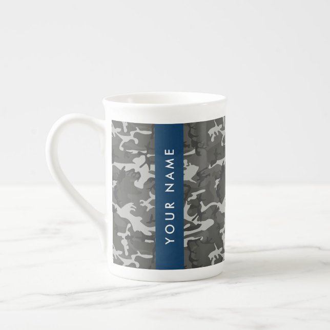 Gray Camouflage Pattern, Your name, Personalize Bone China Mug (Left)