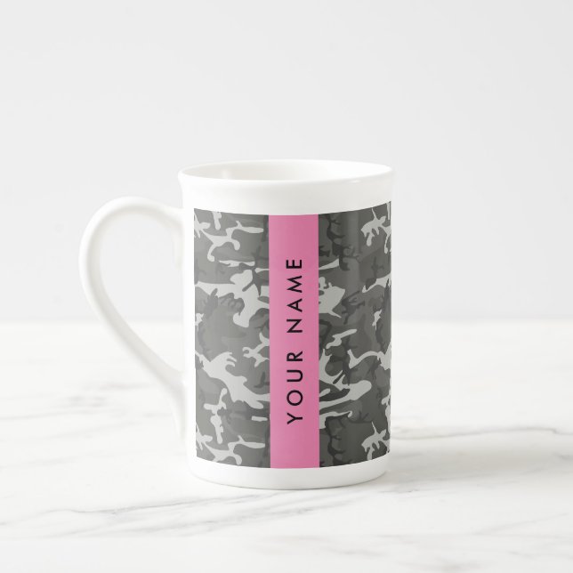 Gray Camouflage Pattern, Your name, Personalize Bone China Mug (Left)