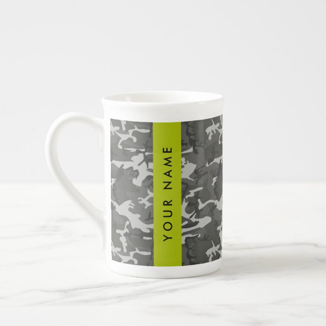 Gray Camouflage Pattern, Your name, Personalize Bone China Mug (Left)