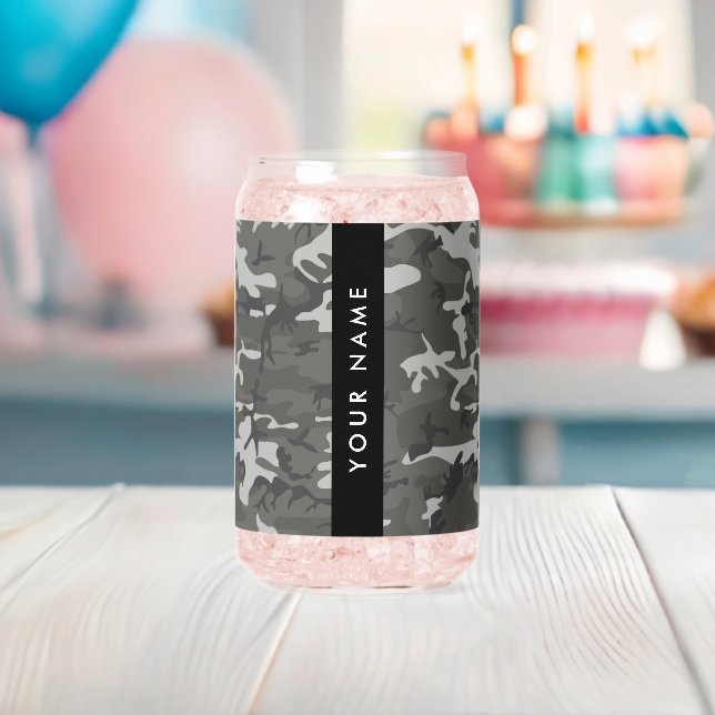 Gray Camouflage Pattern, Your name, Personalize Can Glass (Insitu (Baby Shower))