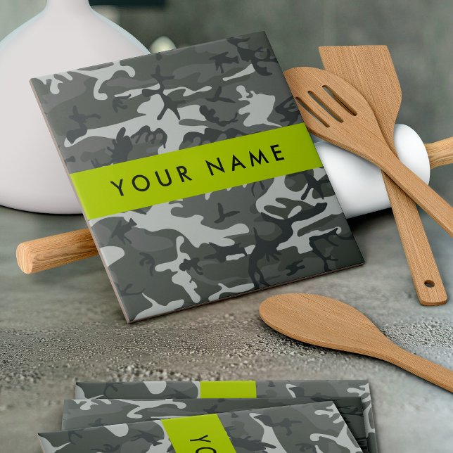 Gray Camouflage Pattern, Your name, Personalize Ceramic Tile (Creator Uploaded)