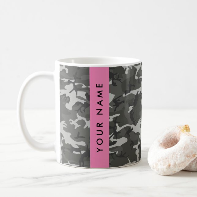 Gray Camouflage Pattern, Your name, Personalize Coffee Mug (With Donut)