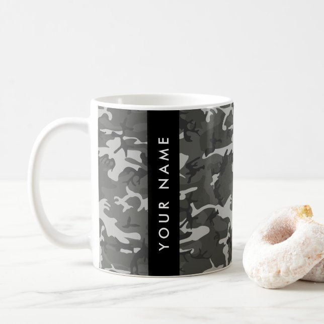 Gray Camouflage Pattern, Your name, Personalize Coffee Mug (With Donut)
