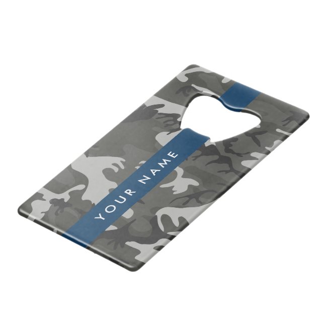 Gray Camouflage Pattern, Your name, Personalize Credit Card Bottle Opener (Front Angled)