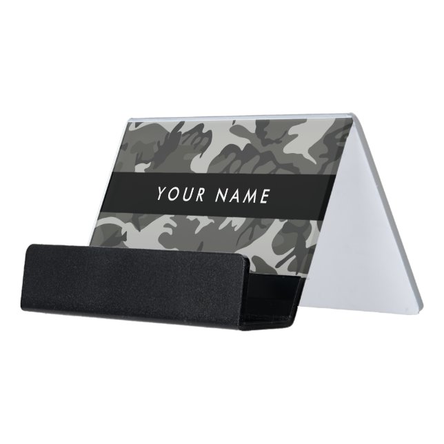 Gray Camouflage Pattern, Your name, Personalize Desk Business Card Holder (Angled Front)