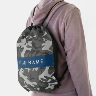 Gray Camouflage Pattern, Your name, Personalize Drawstring Bag