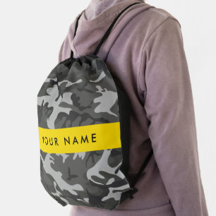 Gray Camouflage Pattern, Your name, Personalize Drawstring Bag