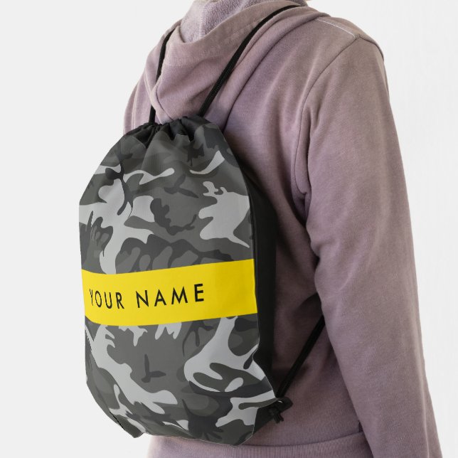 Gray Camouflage Pattern, Your name, Personalize Drawstring Bag (Insitu)