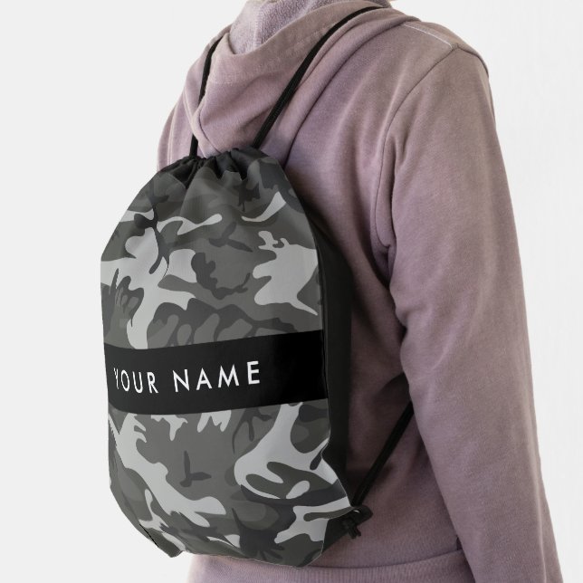 Gray Camouflage Pattern, Your name, Personalize Drawstring Bag (Insitu)