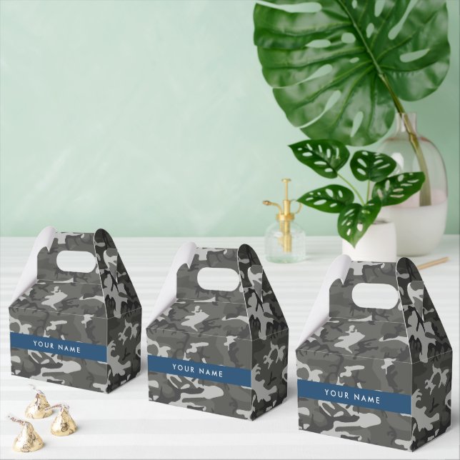 Gray Camouflage Pattern, Your name, Personalize Favor Boxes (Multiple)