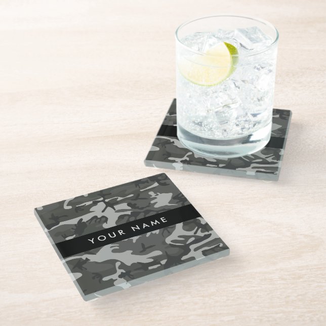 Gray Camouflage Pattern, Your name, Personalize Glass Coaster (Angled)