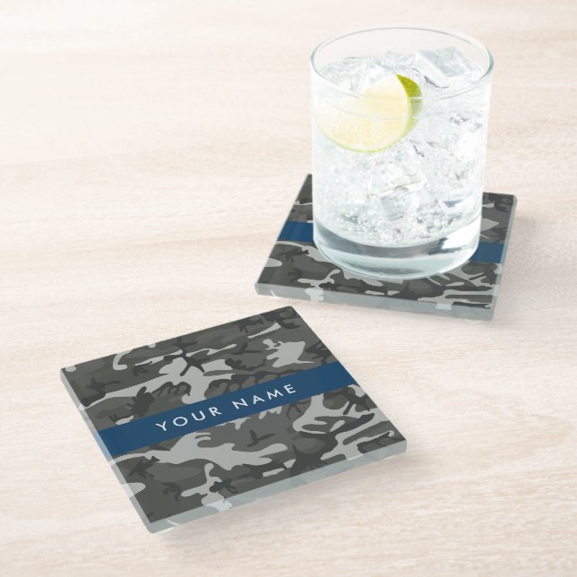 Gray Camouflage Pattern, Your name, Personalize Glass Coaster (Angled)
