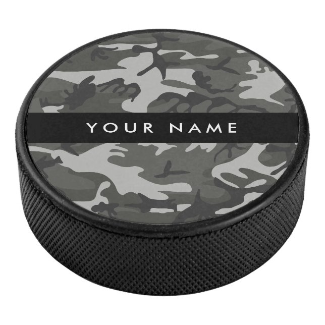 Gray Camouflage Pattern, Your name, Personalize Hockey Puck (3/4)