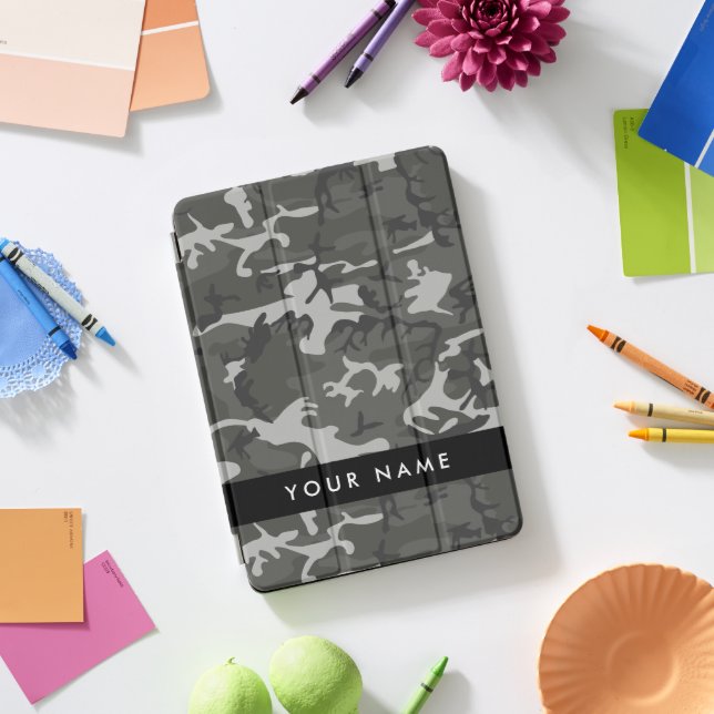 Gray Camouflage Pattern, Your name, Personalize iPad Pro Cover (Desk)