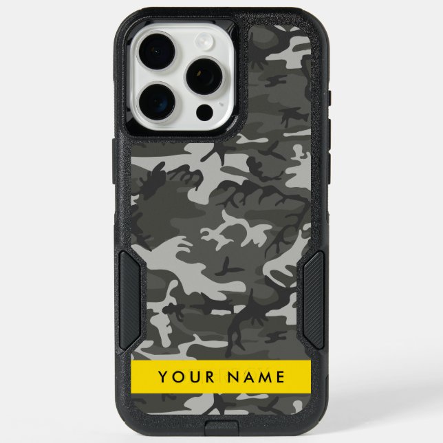 Gray Camouflage Pattern, Your name, Personalize iPhone 15 Pro Max Case (Back)