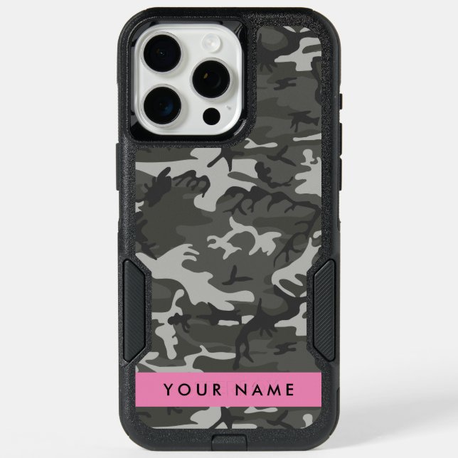 Gray Camouflage Pattern, Your name, Personalize iPhone 15 Pro Max Case (Back)